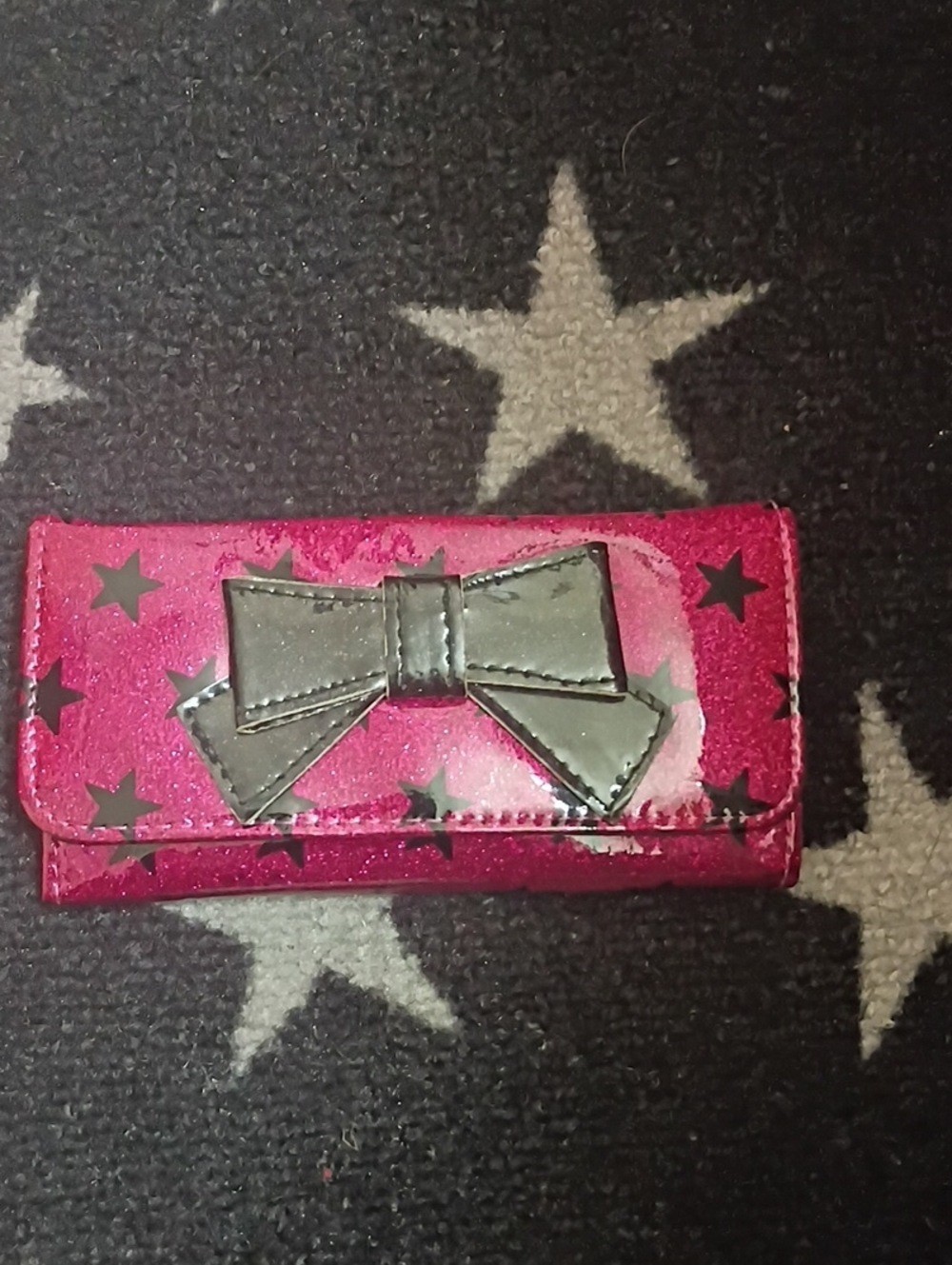 Y2K Pink Glitter Star Wallet Clutch with Large Patent Black Bow